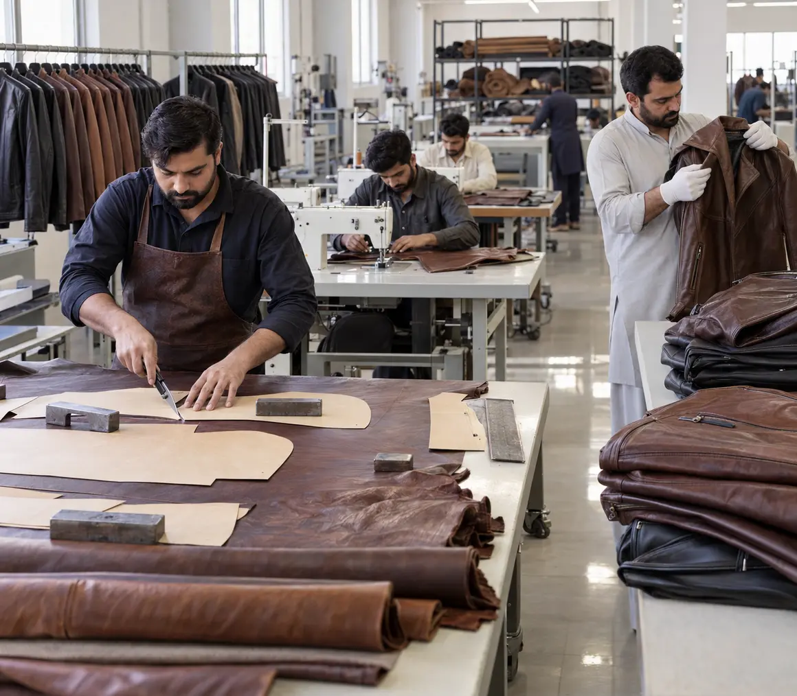 Pakistani artisans manufacturing and inspecting leather jackets