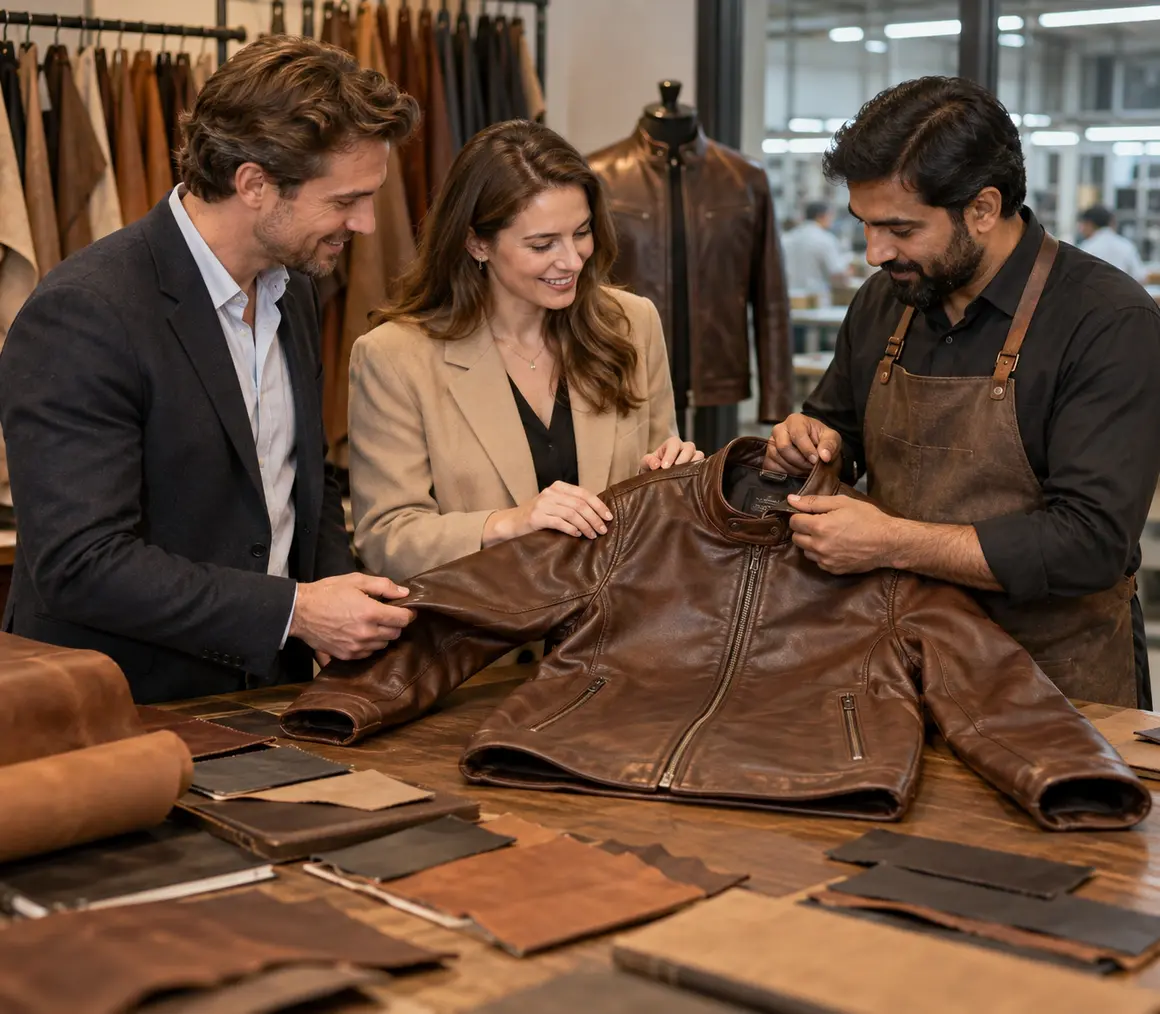 Wholesale buyers inspecting a Huzaro leather jacket with a production specialist