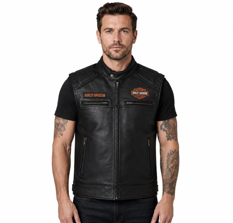 Black Leather Biker Vest with Orange Back Panel