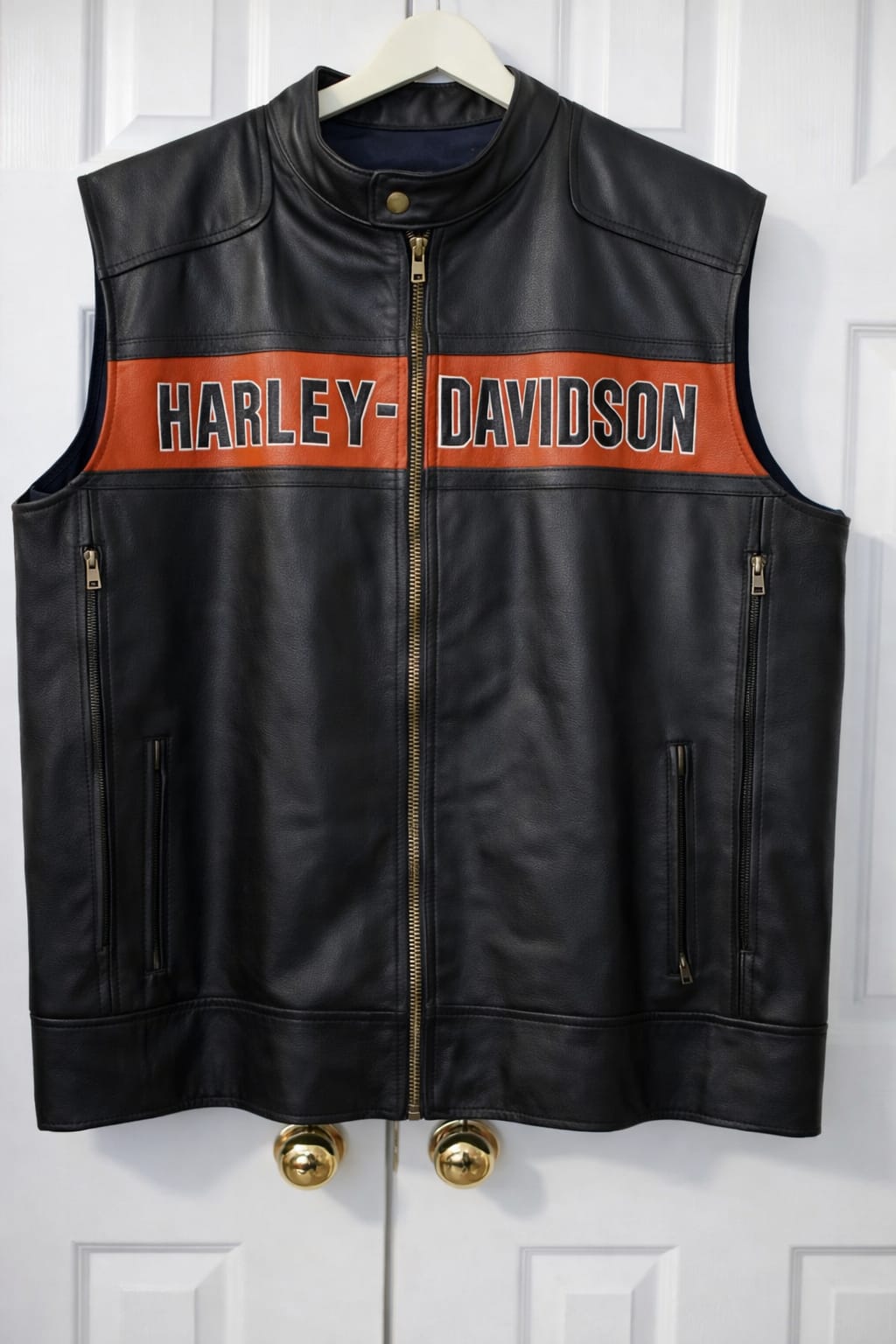 Men's Black & Orange Leather Motorcycle Vest