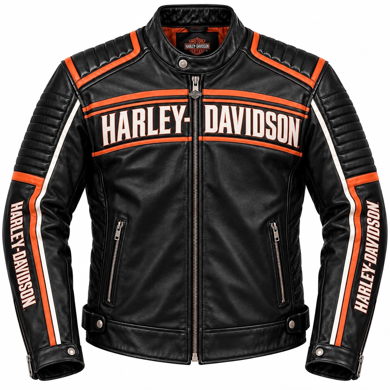 Men’s Black Leather Motorcycle Jacket – Orange & White Biker Design