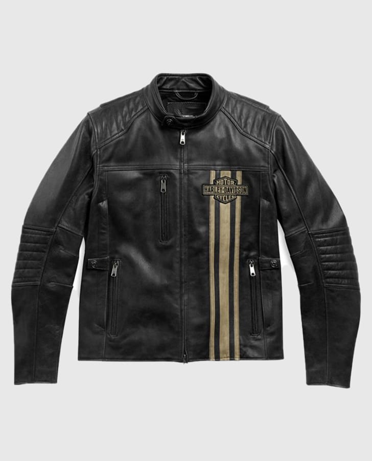 Men's Black Genuine Leather Biker Jacket – Vintage Striped Design
