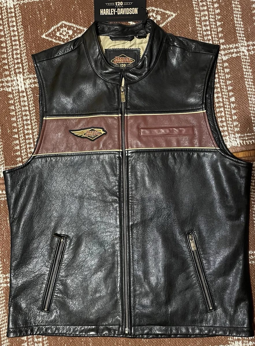 Men's Black & Brown Leather Motorcycle Vest – 120th Anniversary Style