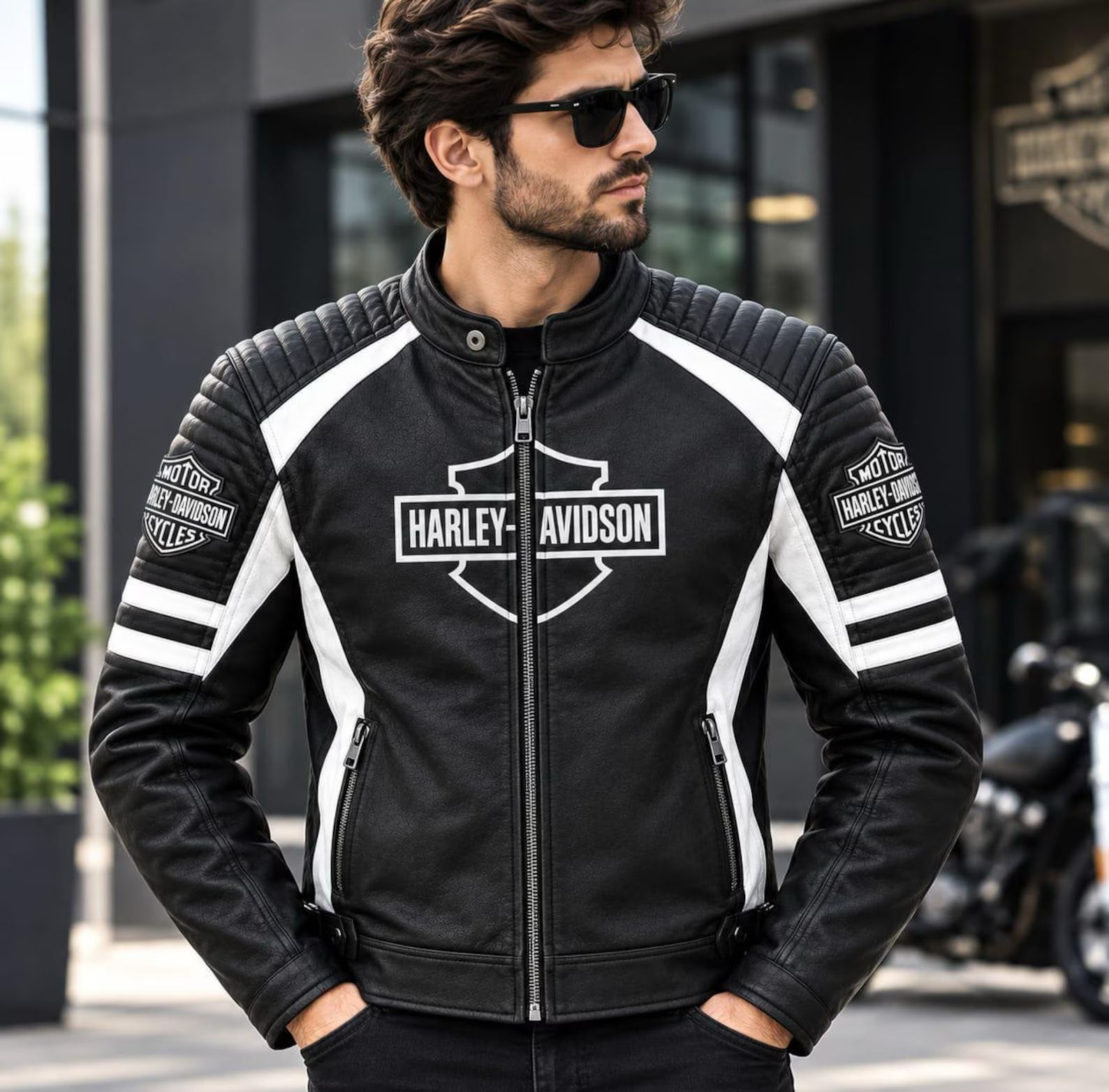 Men's Black & White Genuine Leather Biker Jacket