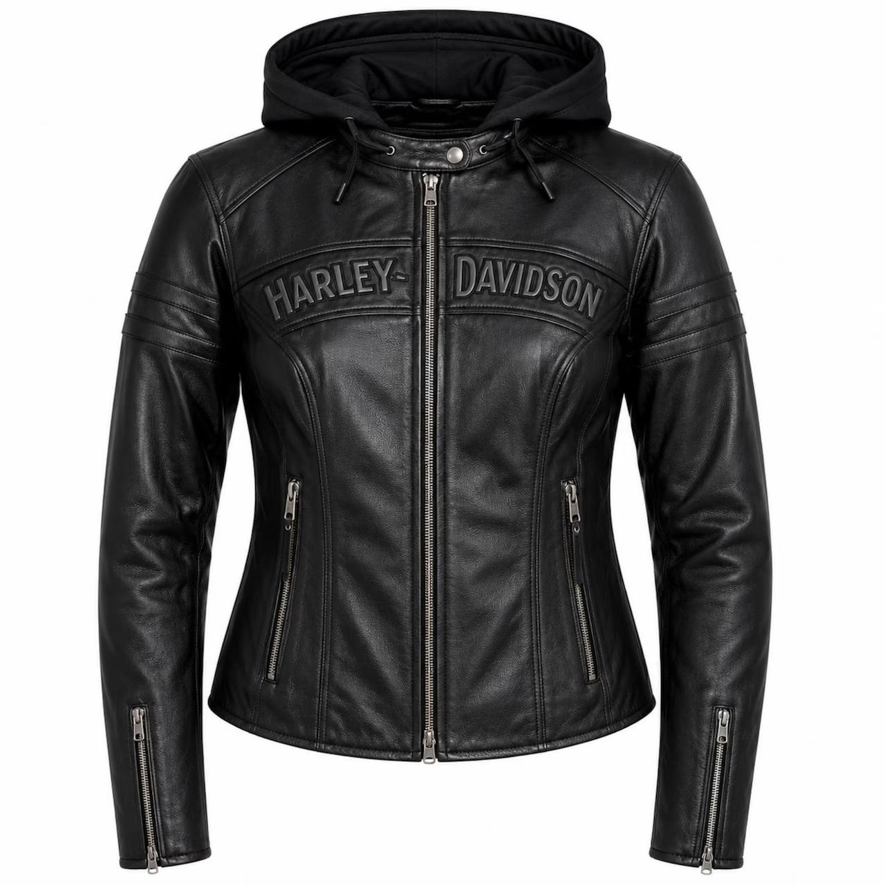 Women's Black Leather Motorcycle Jacket with Hood
