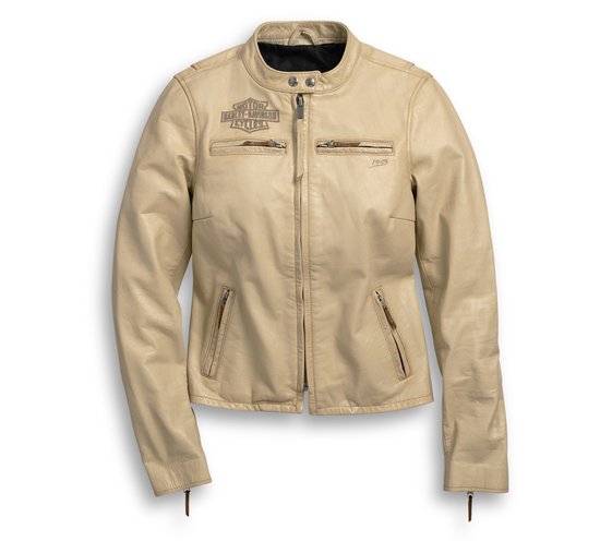 Women’s Beige Genuine Leather Motorcycle Jacket – Classic Biker Style