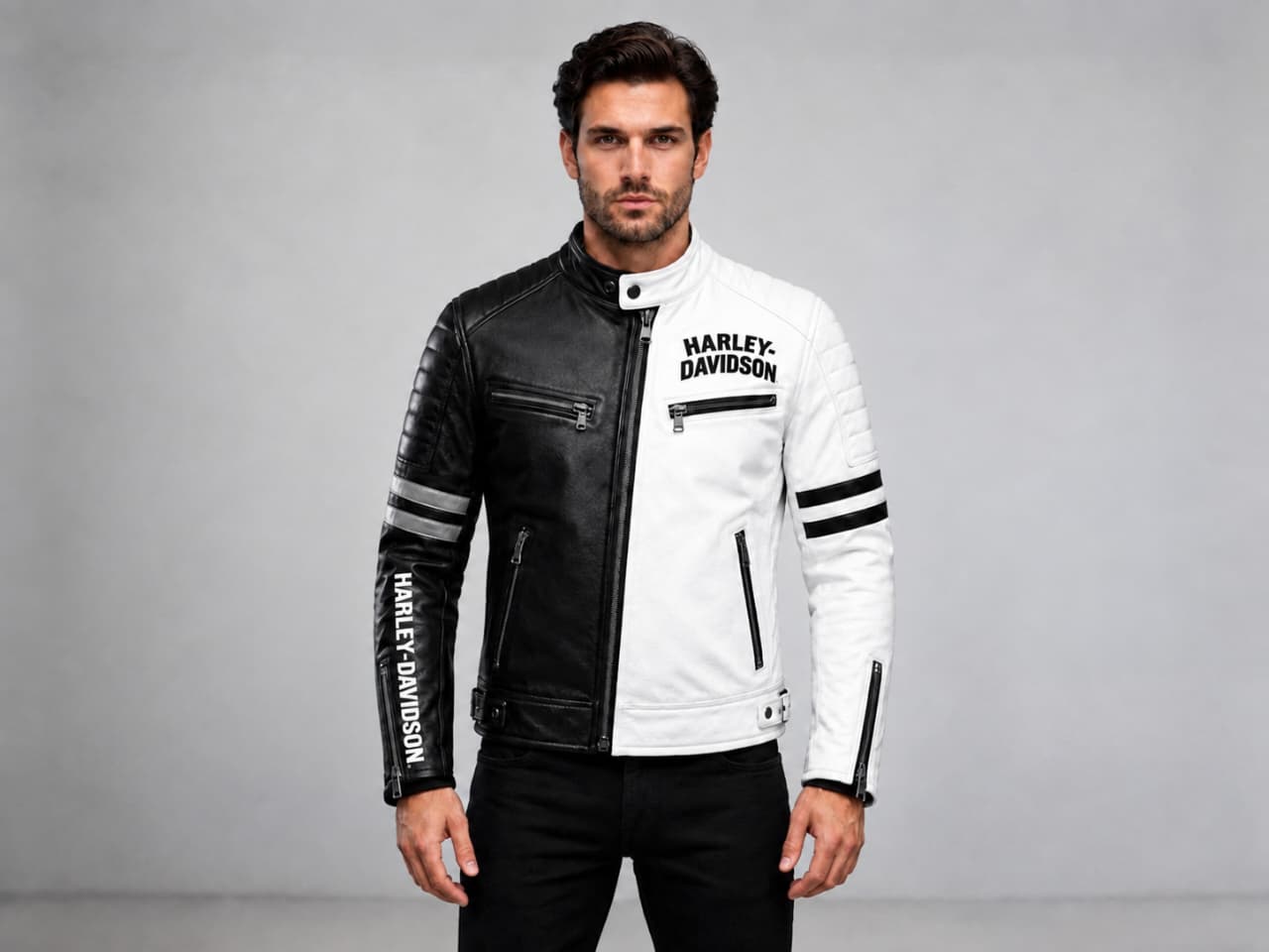 Black & White Leather Biker Jacket – Custom Motorcycle Racing Style Product Description