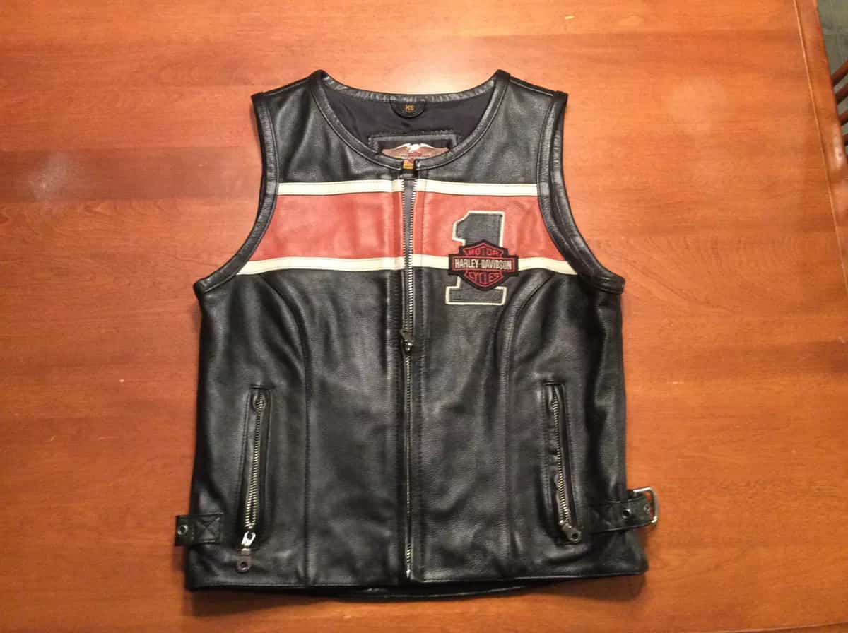 Men's Black Genuine Leather Biker Vest – Red and White Stripe Design