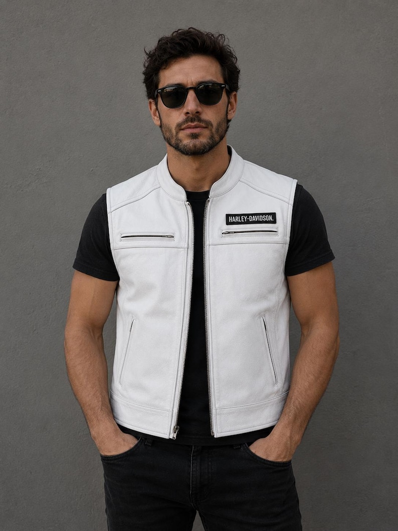 White Harley-Style Leather Motorcycle Vest
