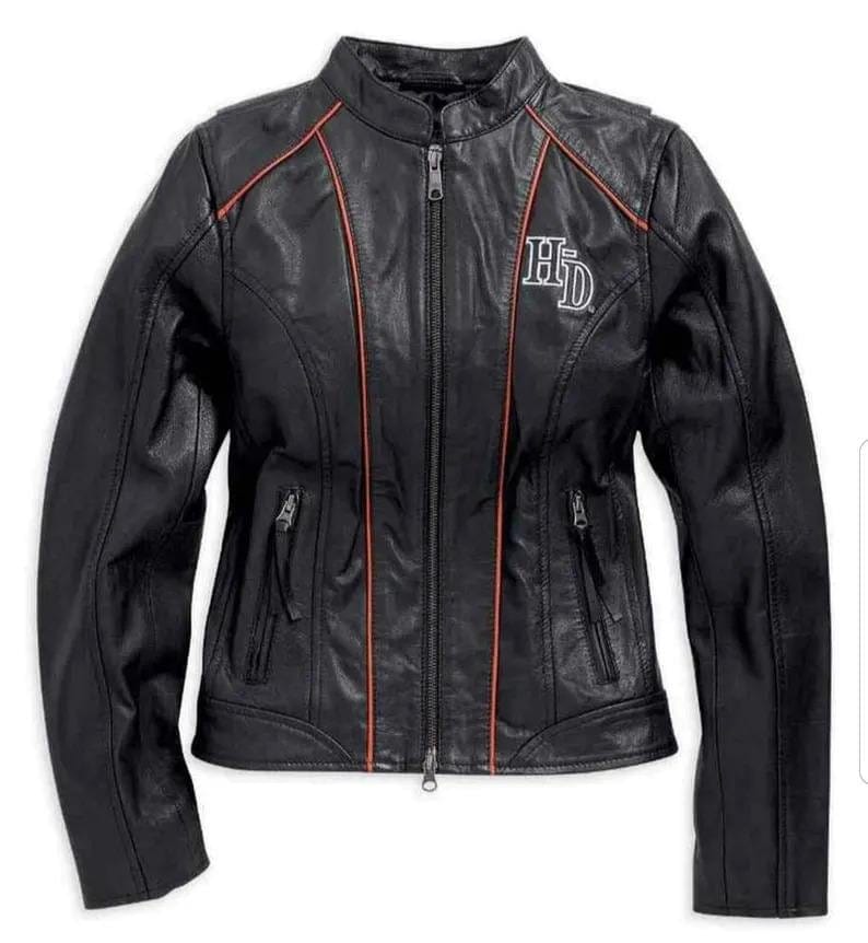 Women's Genuine Leather Motorcycle Jacket – Black with Red Piping