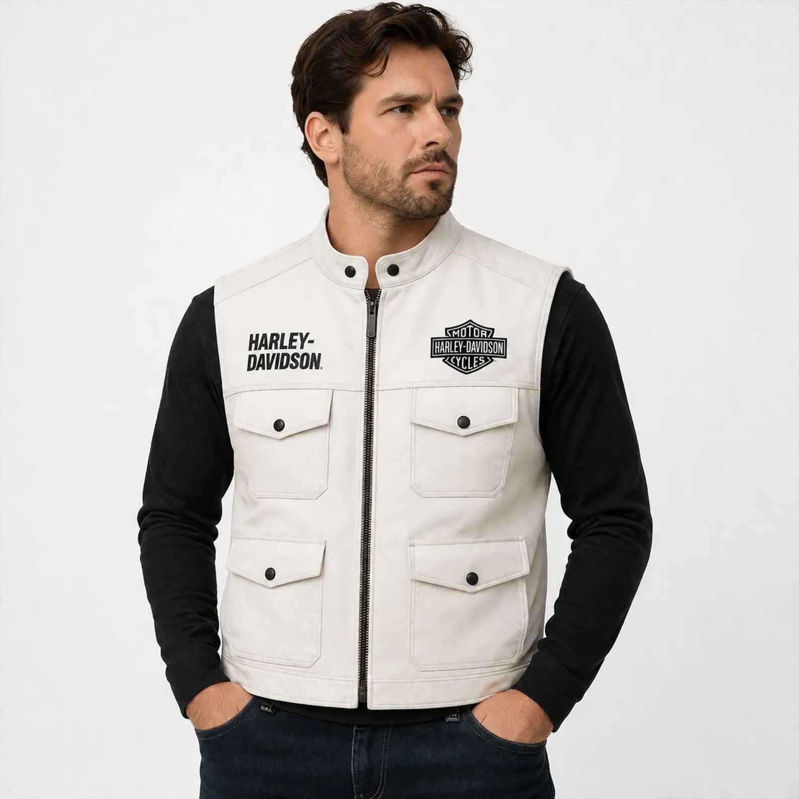 Men's White Genuine Leather Biker Vest – Classic Motorcycle Style