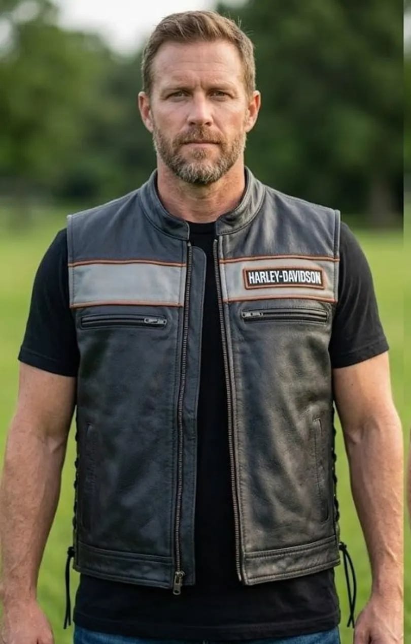 Men’s Genuine Leather Biker Vest – Vintage Black & Grey Motorcycle Vest