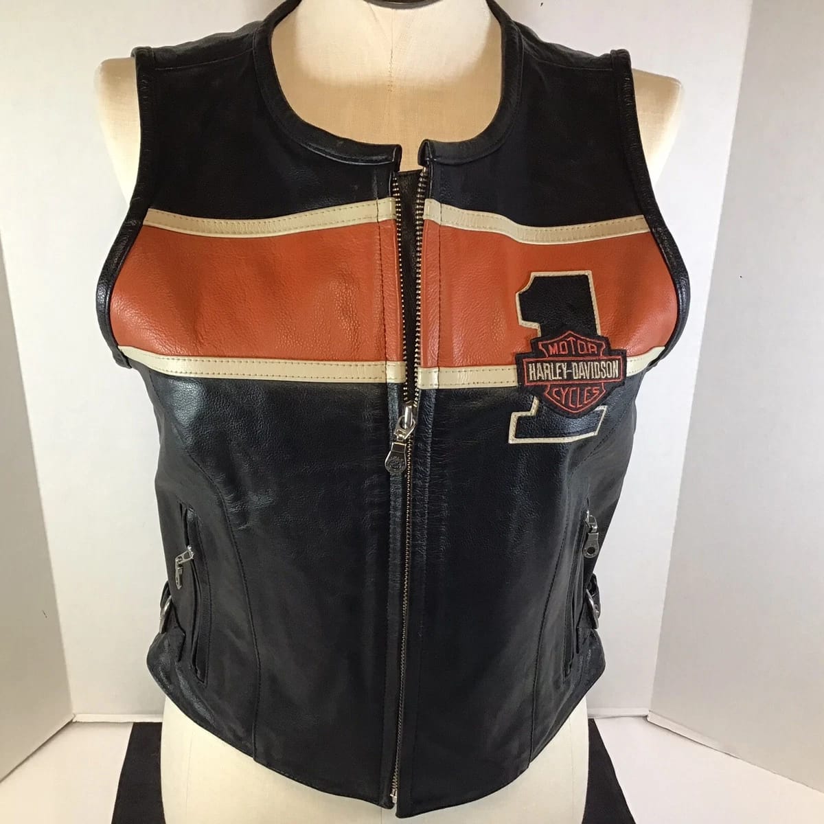 Women's Genuine Leather Biker Vest – Black, Rust & Cream