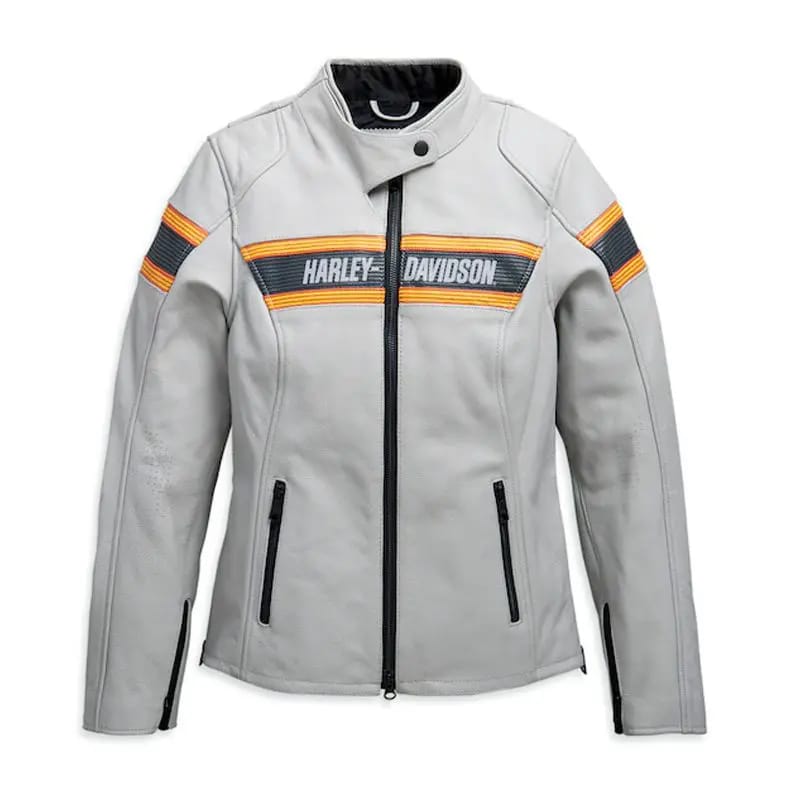 Women's White Leather Motorcycle Jacket with Orange & Black Stripes