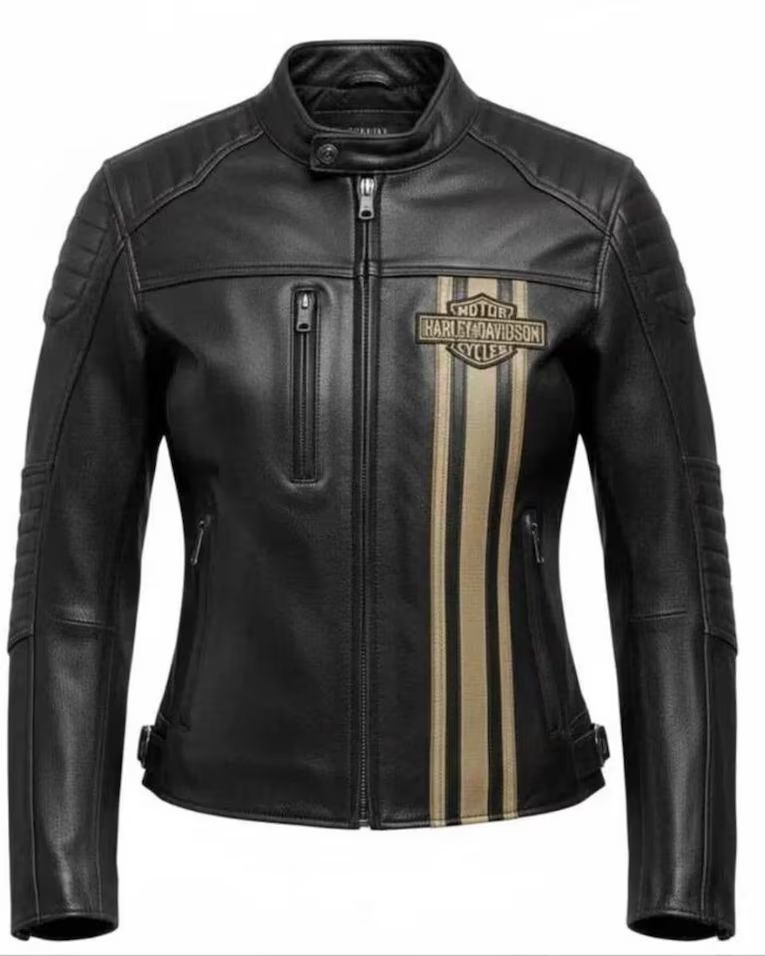 Women's Black & Gold Leather Motorcycle Jacket