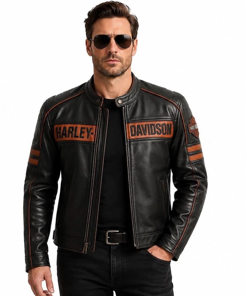 Men's Black & Orange Genuine Leather Motorcycle Jacket