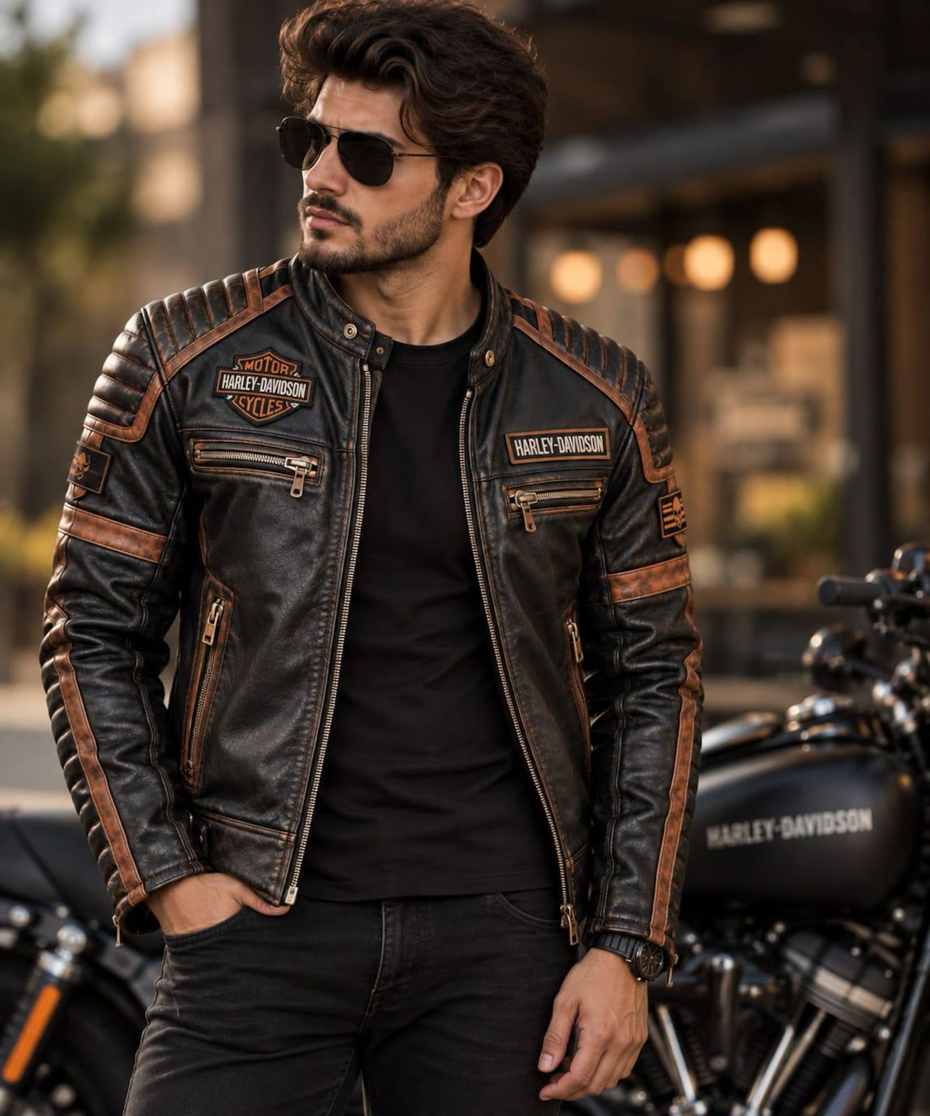 Men's Black & Brown Leather Motorcycle Biker Jacket