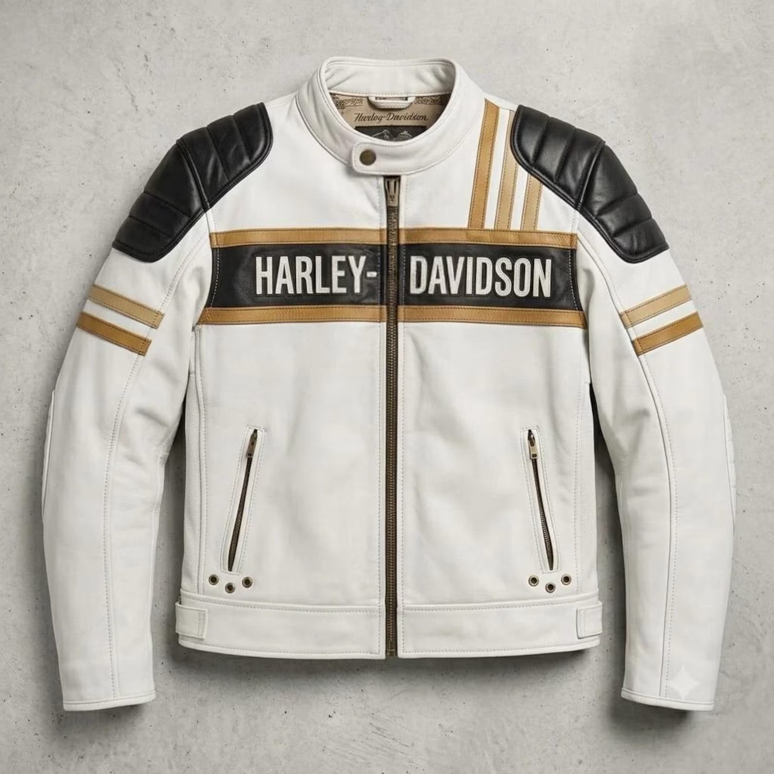 Men's White Leather Biker Jacket with Black Shoulders & Gold Stripes – Motorcycle Jacket