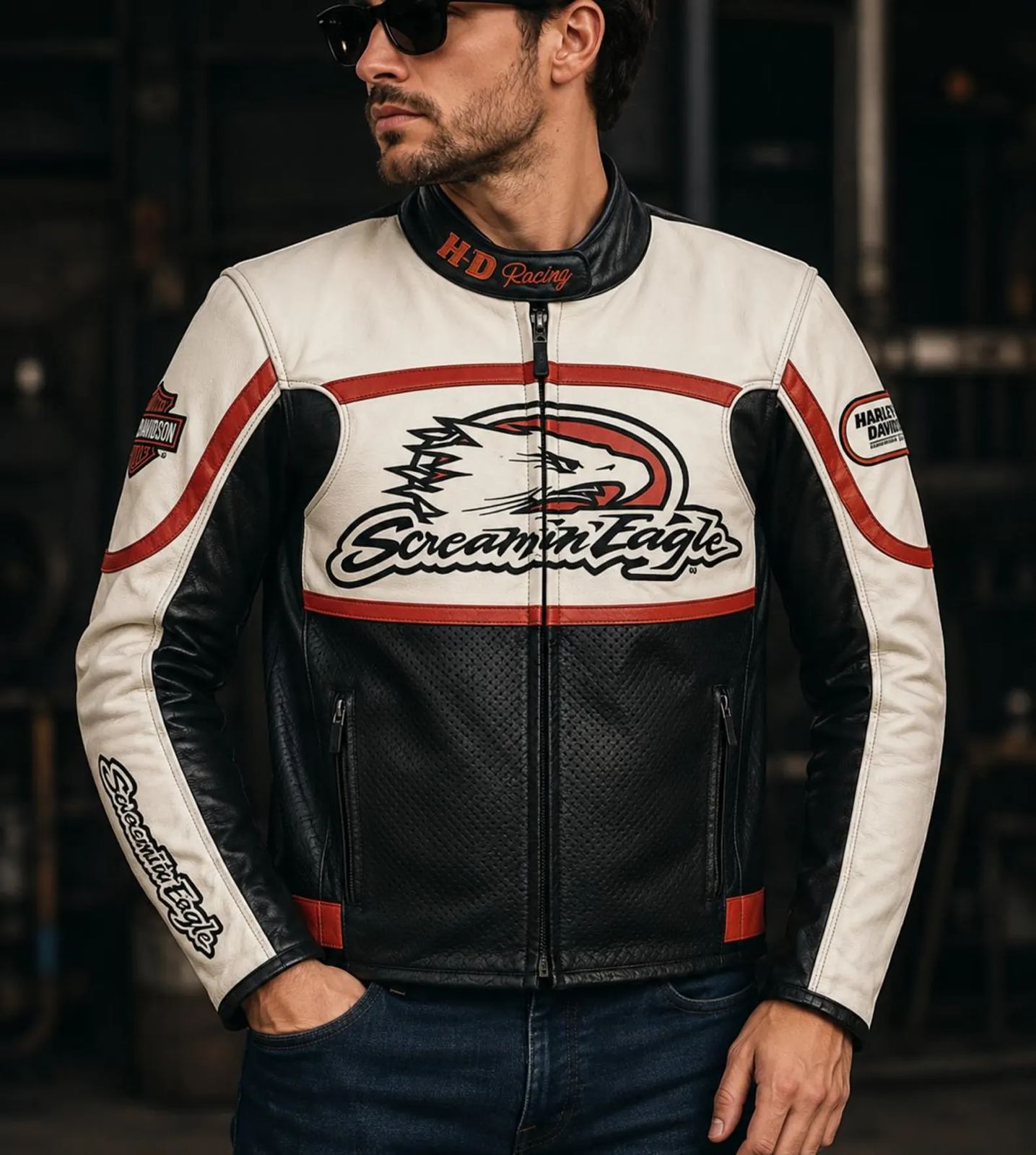 Men’s Black, White & Red Racing Leather Motorcycle Jacket
