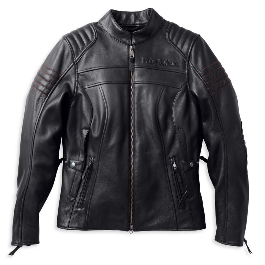Women's Black Leather Motorcycle Jacket – Quilted Shoulder & Sleeve Design