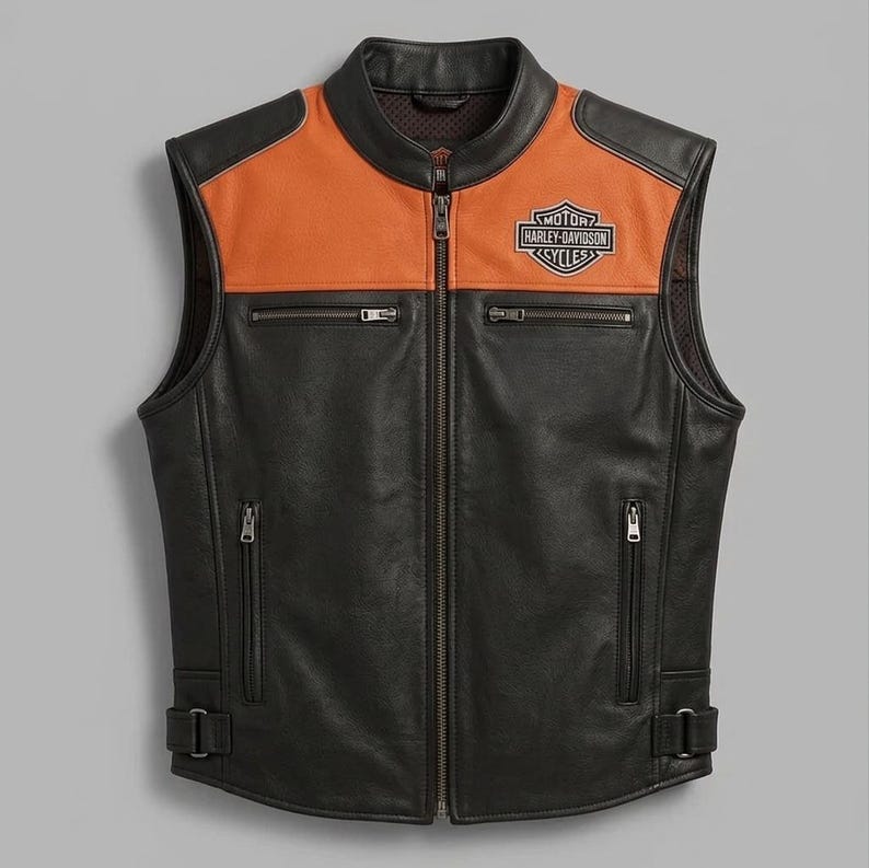 Black & Orange Leather Motorcycle Vest