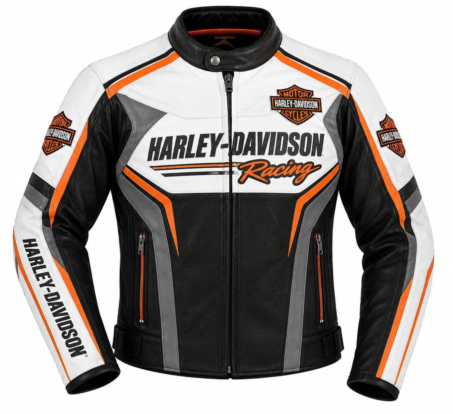 Men’s Black, White & Orange Leather Motorcycle Racing Jacket