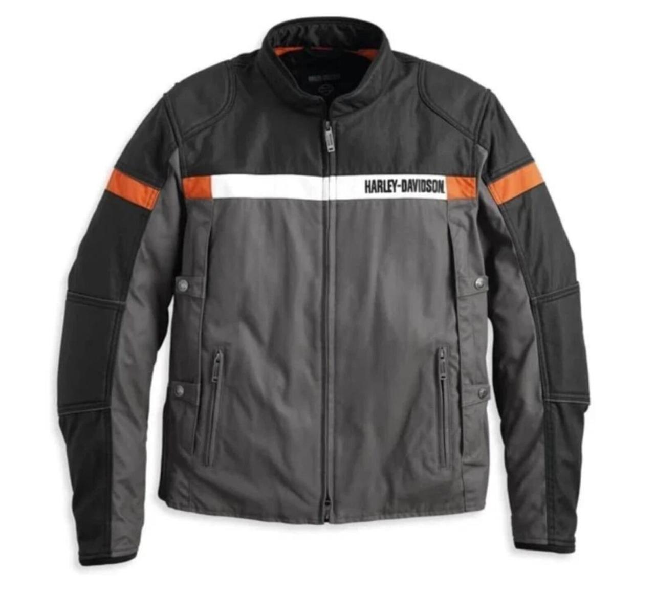 Men's Grey & Black Cordura Motorcycle Jacket with Orange Stripes
