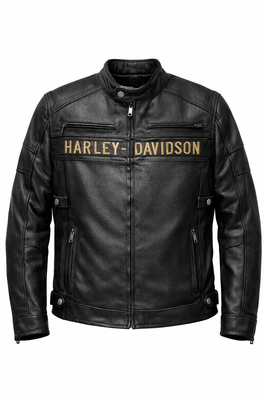 Men's Black Leather Motorcycle Jacket – Golden Embroidered Design