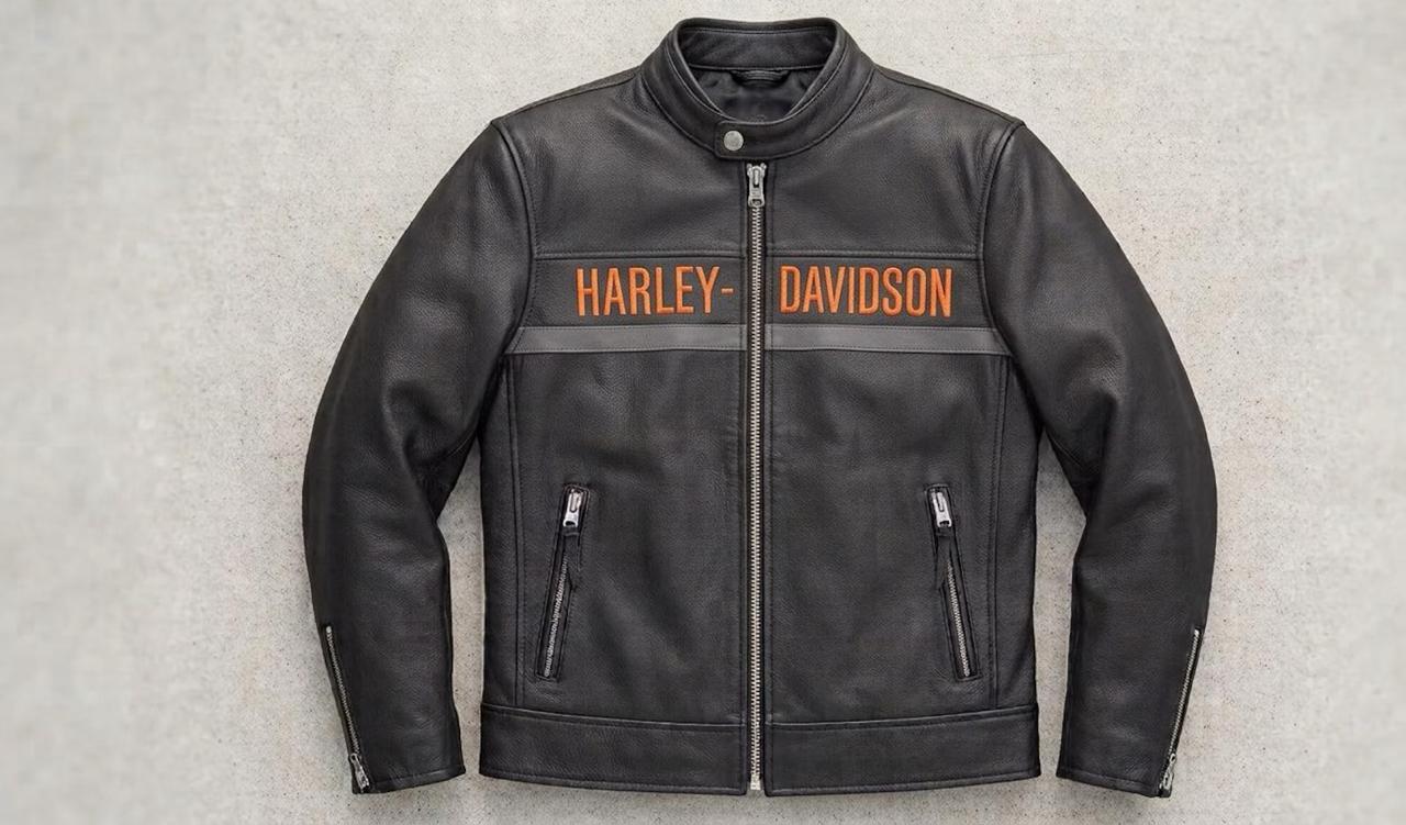 Black Leather Motorcycle Jacket - Orange Embroidery