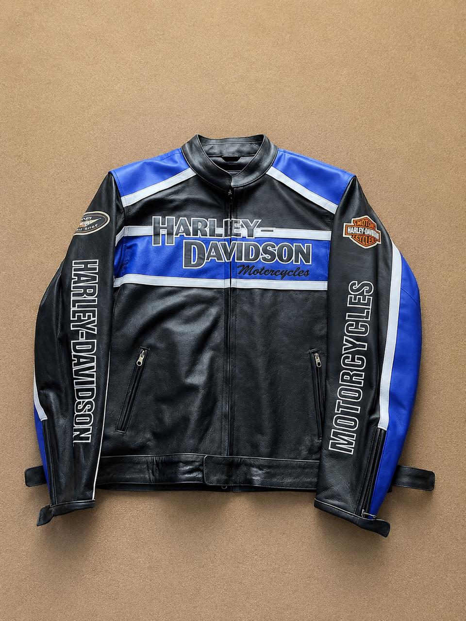 Black & Blue Genuine Leather Motorcycle Jacket – Biker Racing Style