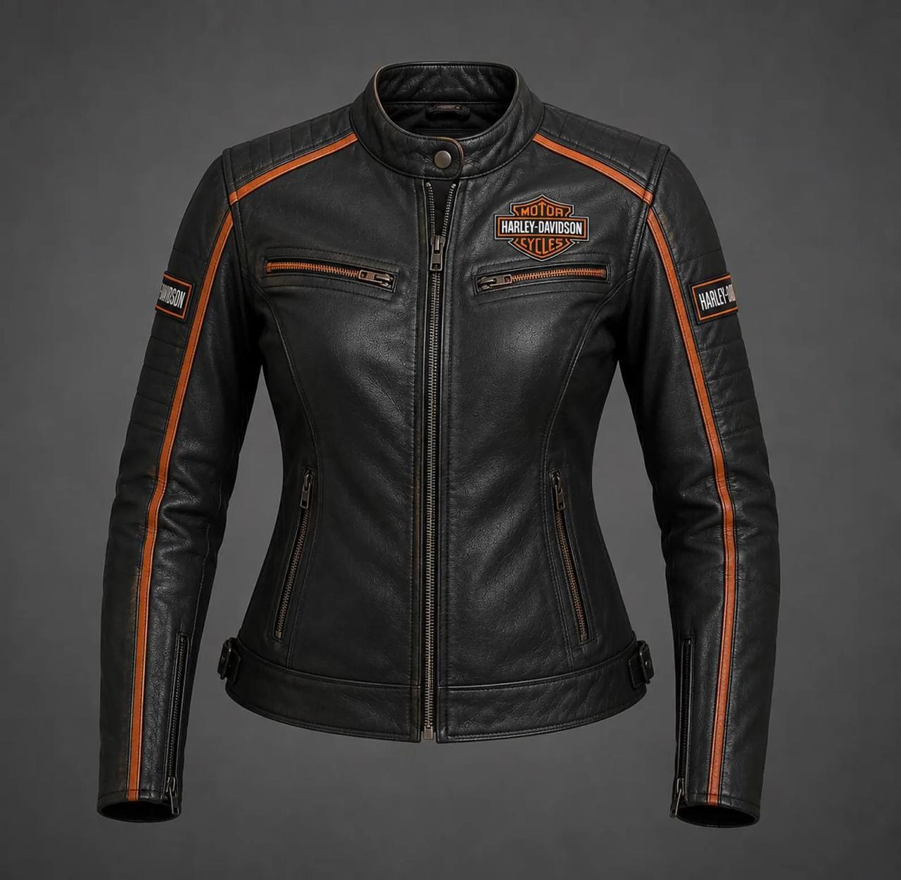 Women's Black & Orange Motorcycle Leather Jacket
