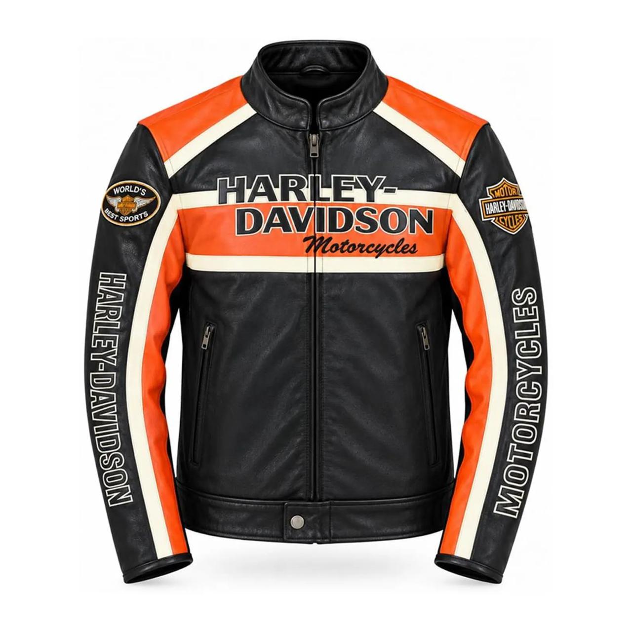 Men's Black & Orange Genuine Leather Motorcycle Jacket