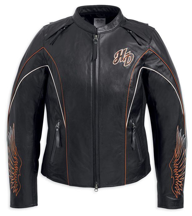 Women’s Black Leather Motorcycle Jacket with Wing Embroidery