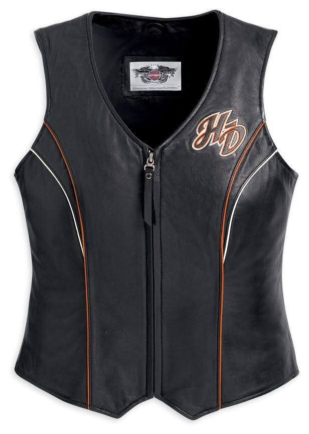 Women's Black Leather Biker Vest – Orange Embroidery