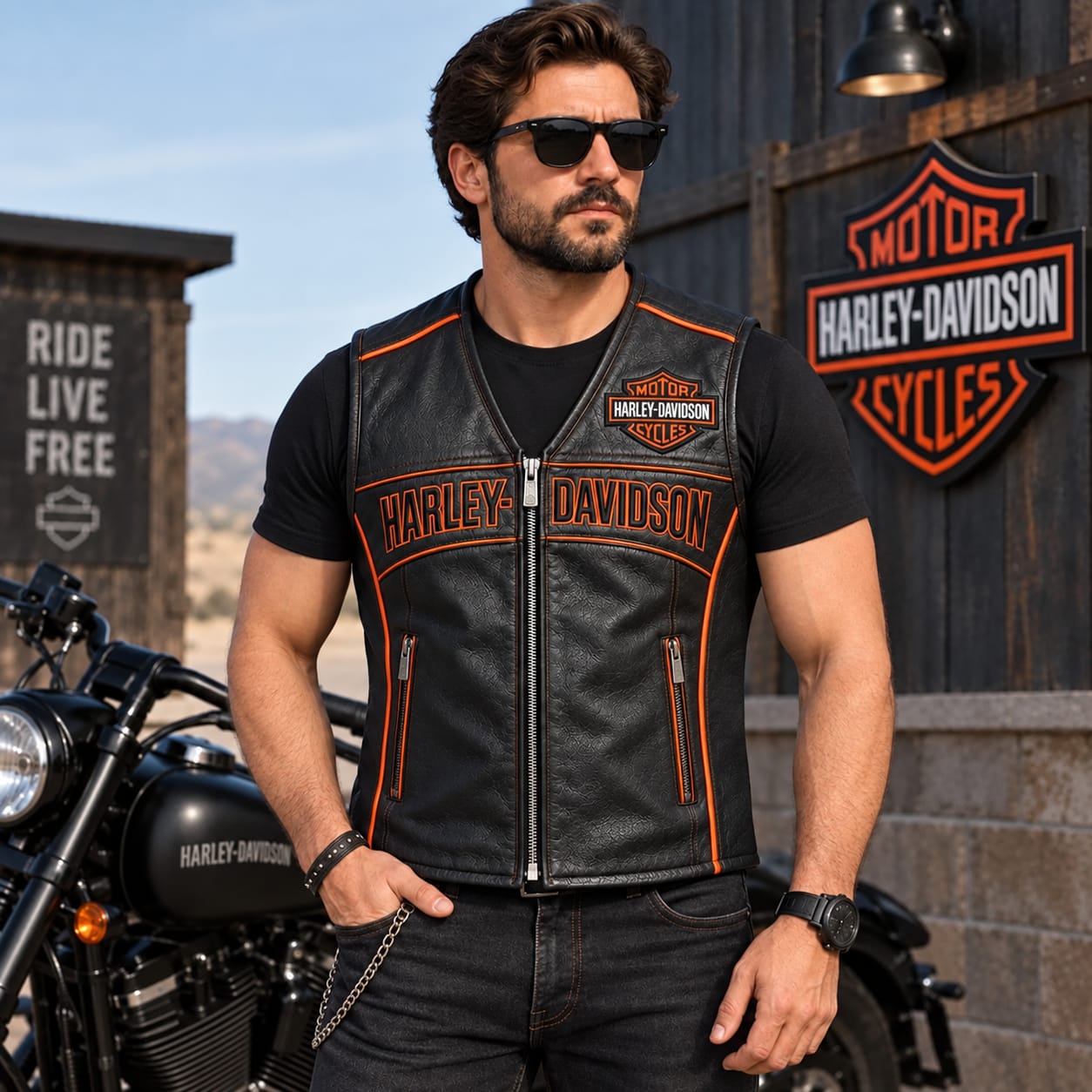 Men’s Black Genuine Leather Motorcycle Vest – Orange Piping & Biker Style