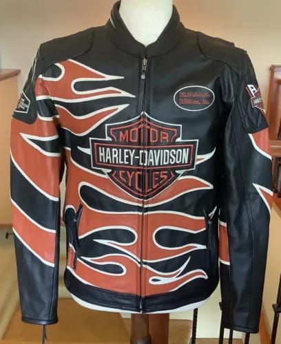 Men's Genuine Leather Motorcycle Jacket – Black & Red Flame Design