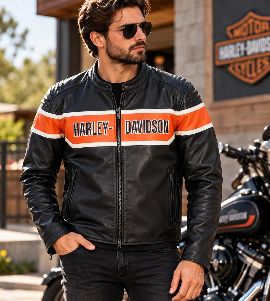 Men's Black & Orange Leather Motorcycle Jacket