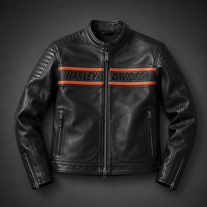 Black Leather Motorcycle Jacket with Orange Stripes