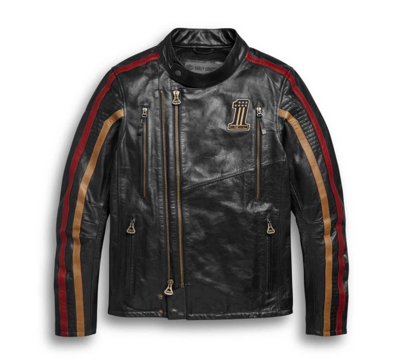 Men's Black Leather Motorcycle Jacket with Red & Tan Stripes
