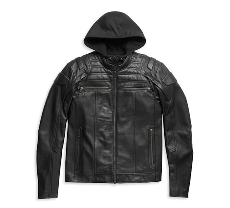 Black Hooded Leather Motorcycle Jacket with Skull Design