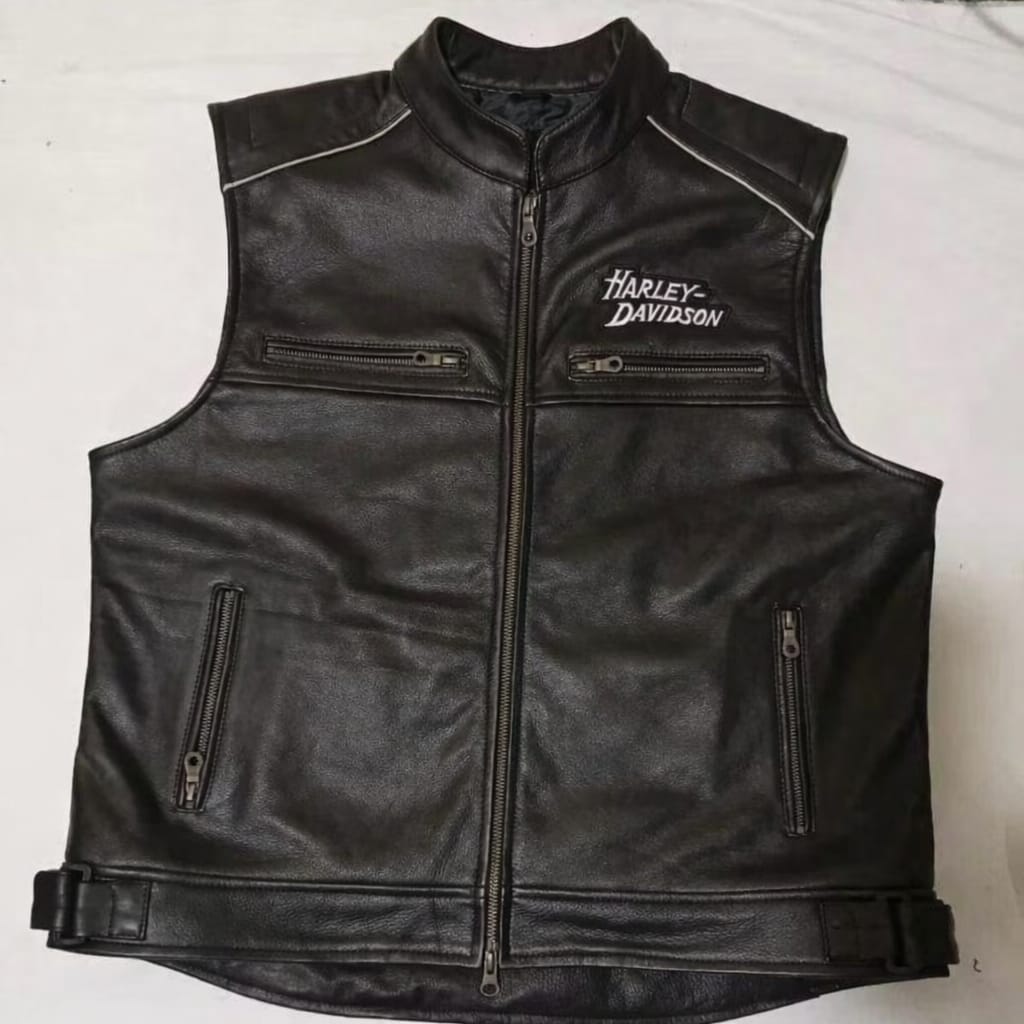 Men's Black Leather Biker Vest – Skull Back Design
