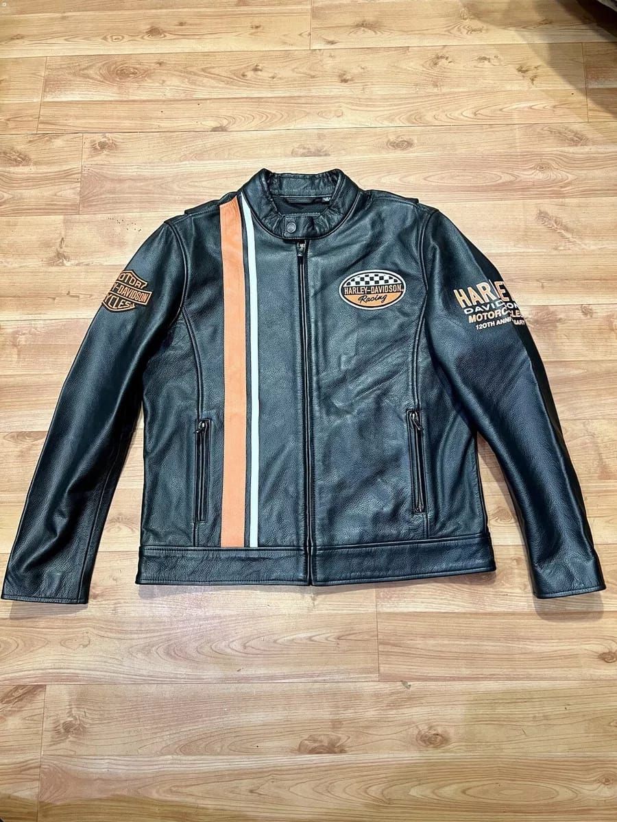 Men’s Black Leather Motorcycle Jacket with Orange Stripes – Biker Racing Style