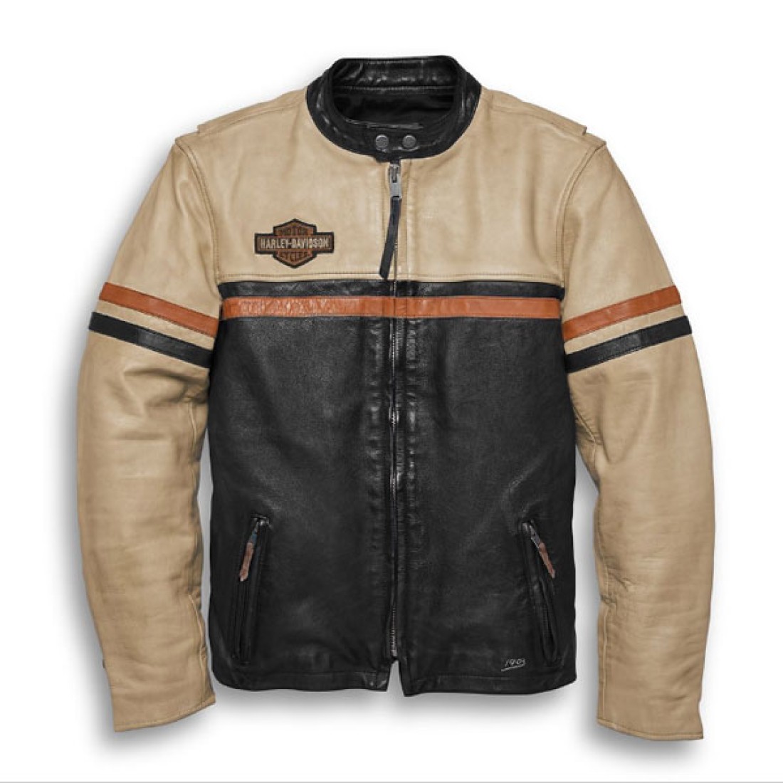Men's Beige & Black Leather Motorcycle Jacket