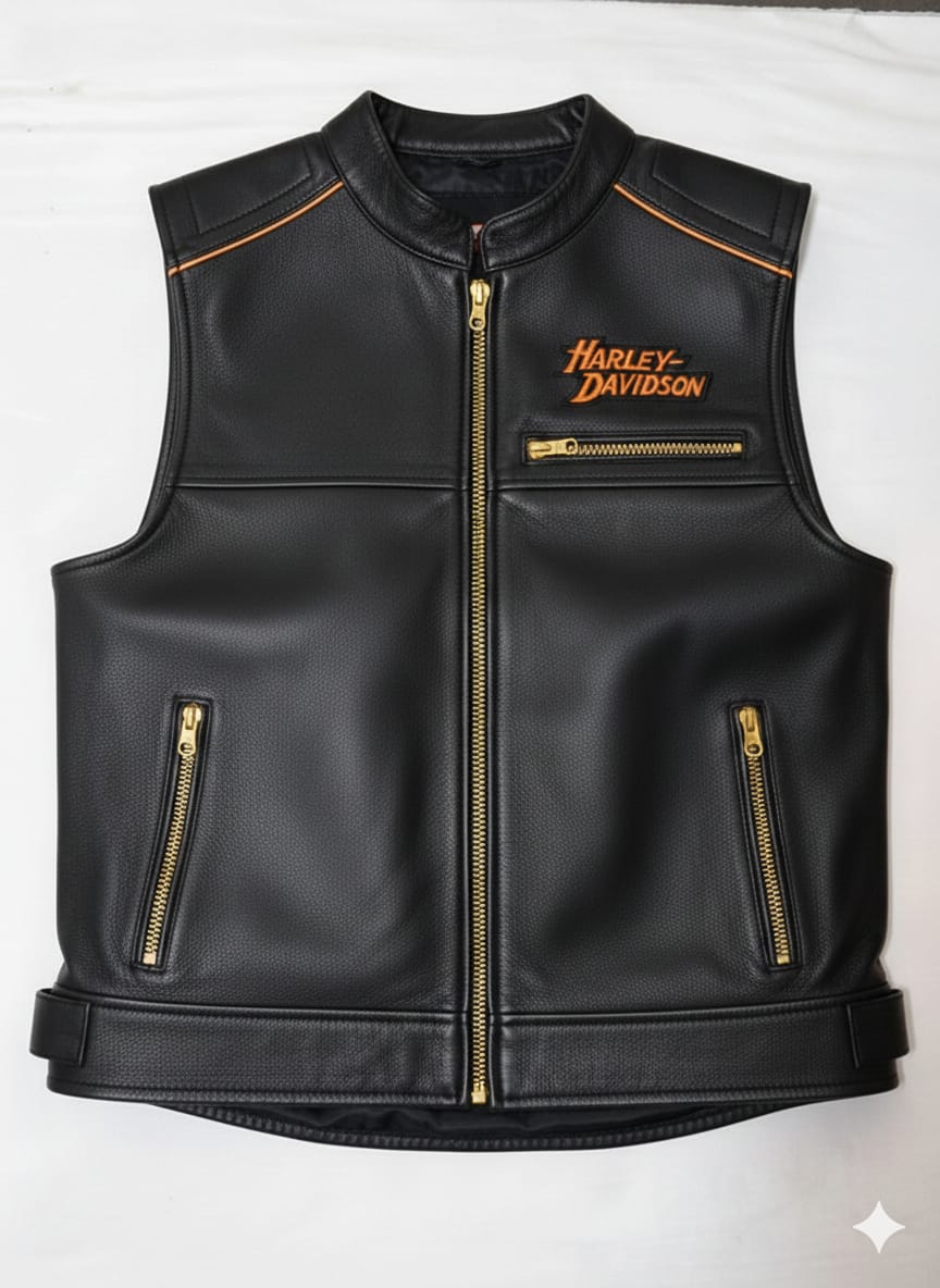 Men's Black Leather Motorcycle Vest with Orange Skull Design – Biker Club Vest