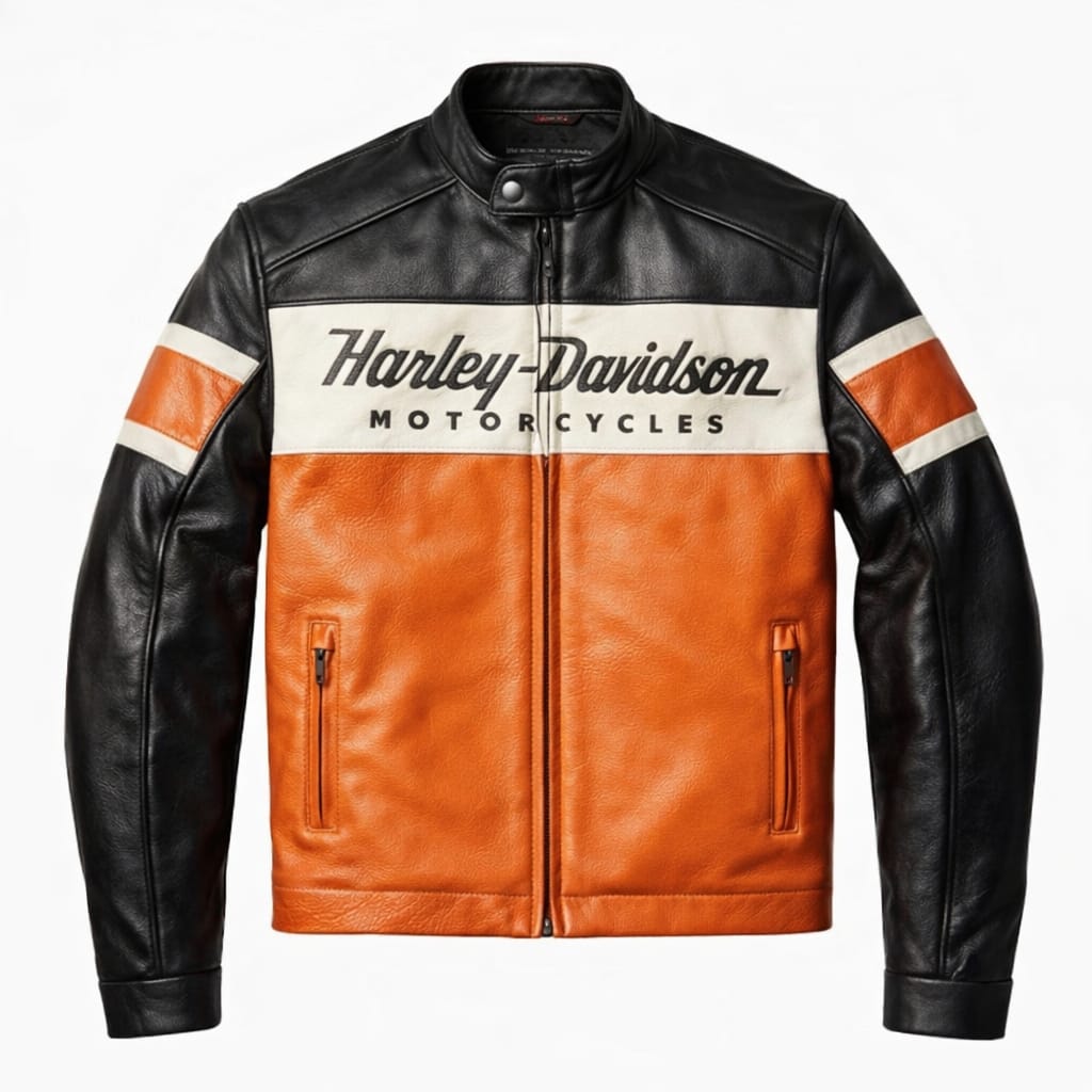 Men's Black and Orange Genuine Leather Motorcycle Jacket