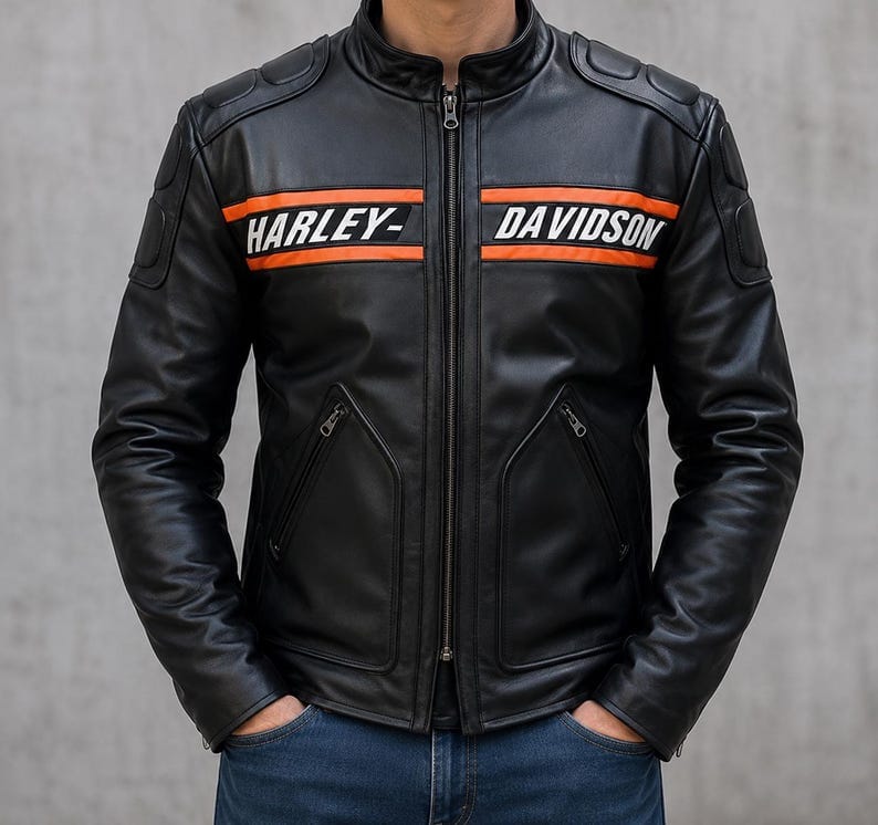 Men's Black Leather Motorcycle Jacket with Orange Stripes – Harley Davidson Style Biker