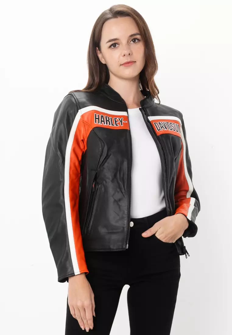 Women's Black & Orange Leather Motorcycle Jacket – Biker Style